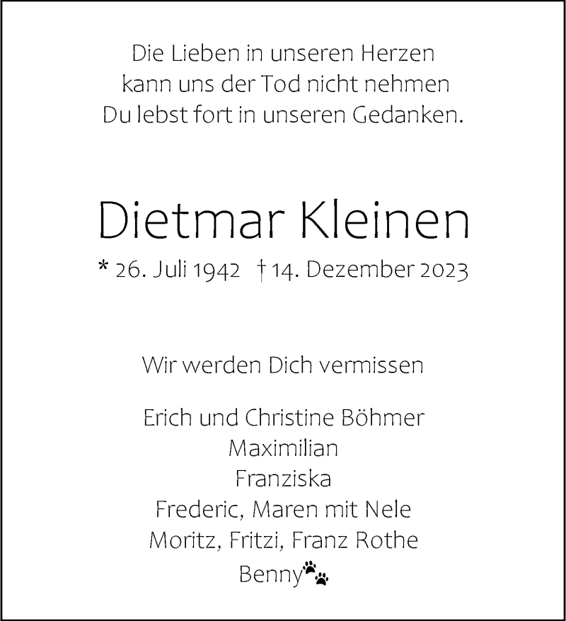  Traueranzeige für Dietmar Kleinen vom 20.12.2023 aus 