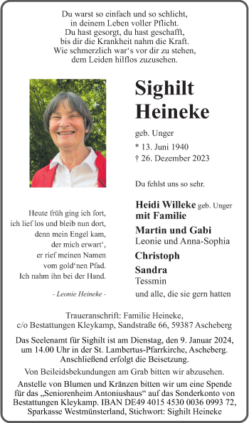 Anzeige von Sighilt Heineke 