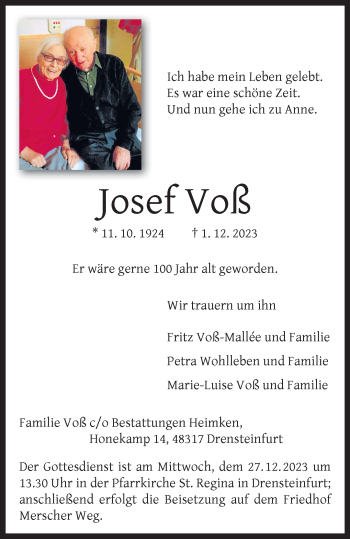 Anzeige von Josef Voß 