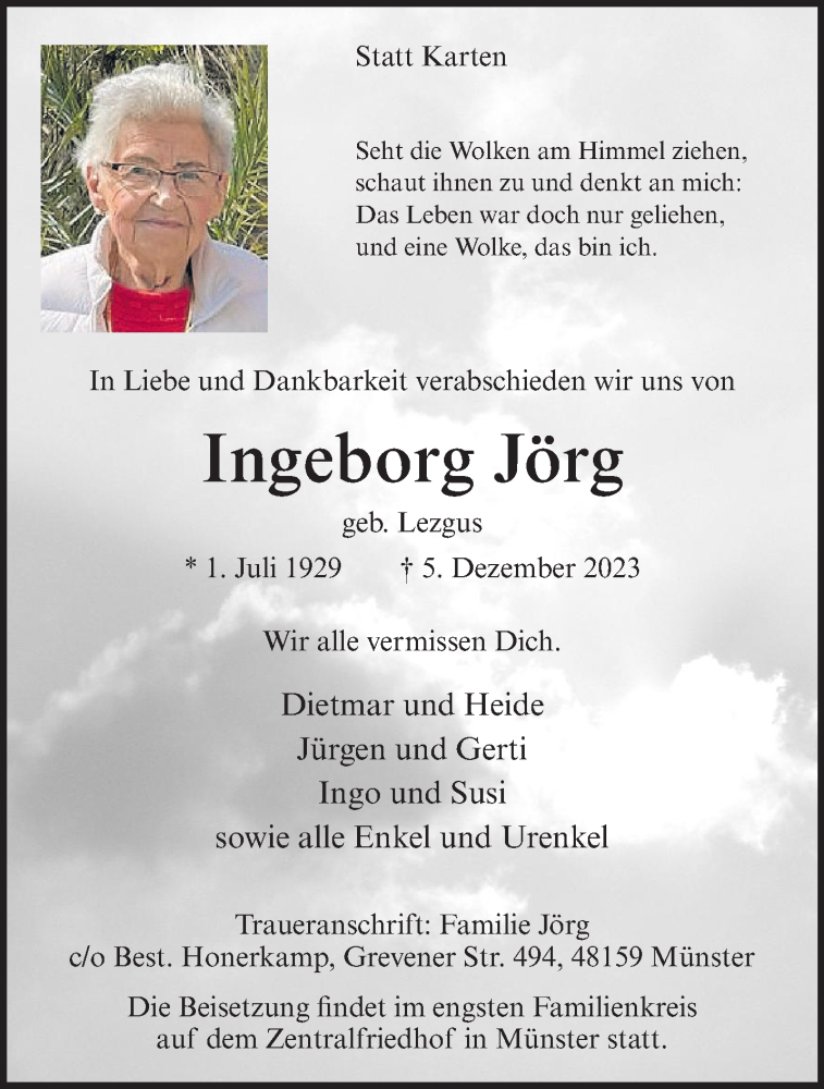  Traueranzeige für Ingeborg Jörg vom 08.12.2023 aus 