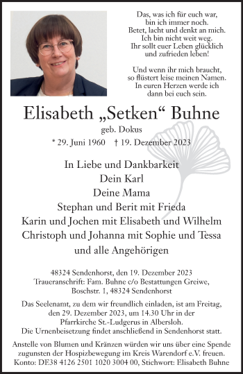 Anzeige von Elisabeth Buhne 