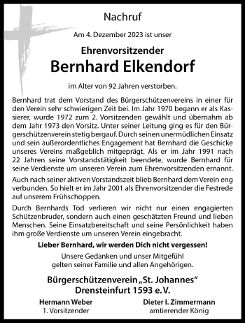 Anzeige von Bernhard Elkendorf 