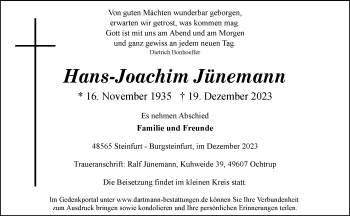 Anzeige von Hans-Joachim Jünemann 
