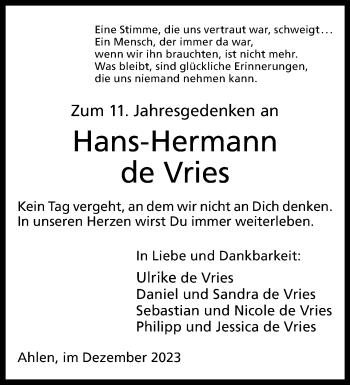 Anzeige von Hans-Hermann de Vries 