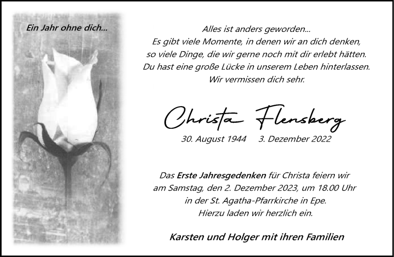  Traueranzeige für Christa Flensberg vom 29.11.2023 aus 