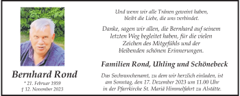 Anzeige von Bernhard Rond 