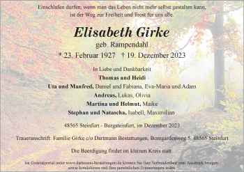 Anzeige von Elisabeth Girke 