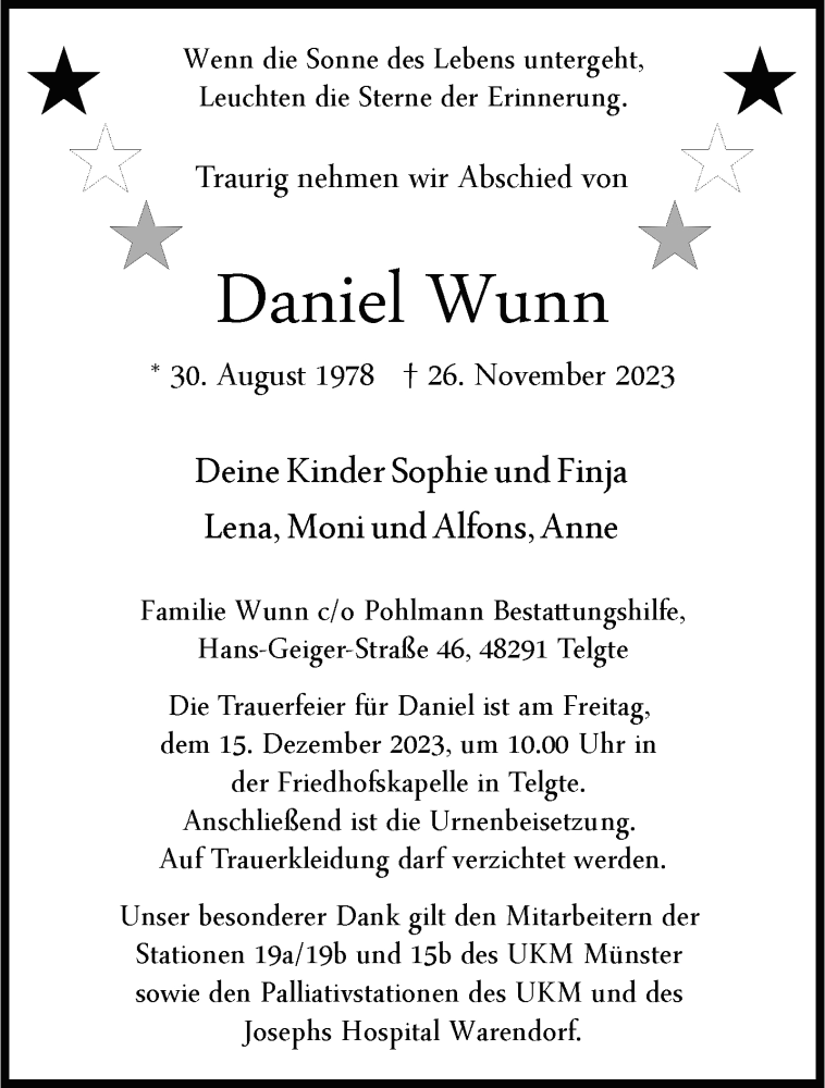  Traueranzeige für Daniel Wunn vom 02.12.2023 aus 
