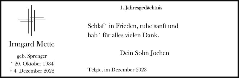  Traueranzeige für Irmgard Mette vom 09.12.2023 aus 