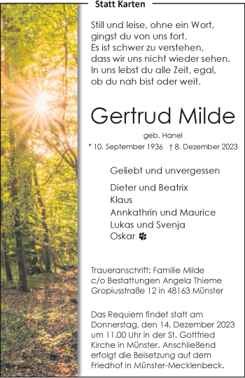 Anzeige von Gertrud Milde 