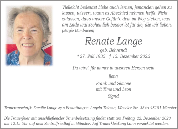 Anzeige von Renate Lange 