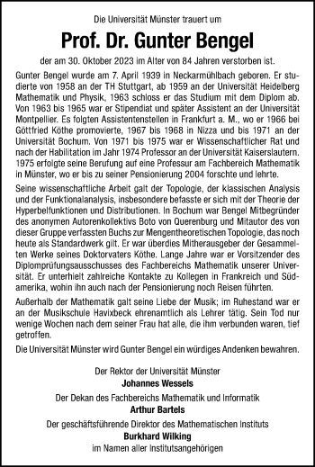 Anzeige von Prof. Dr. Gunter Bengel 