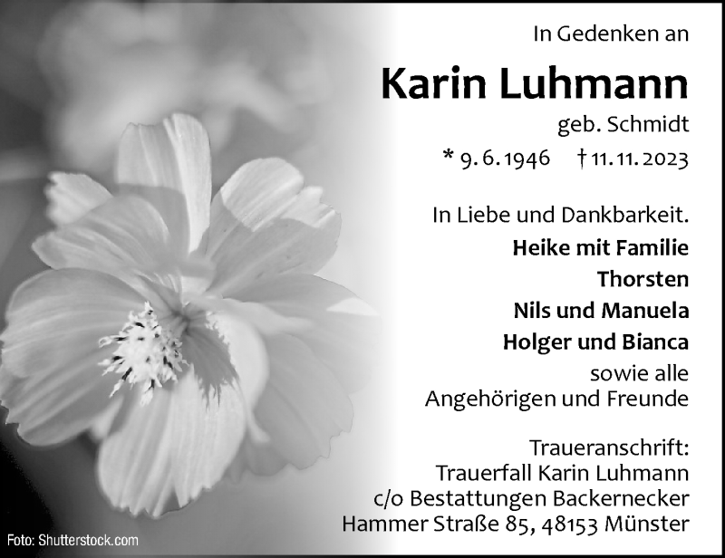  Traueranzeige für Karin Luhmann vom 18.11.2023 aus 