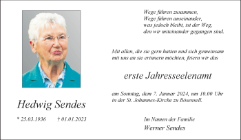 Anzeige von Hedwig Sendes 