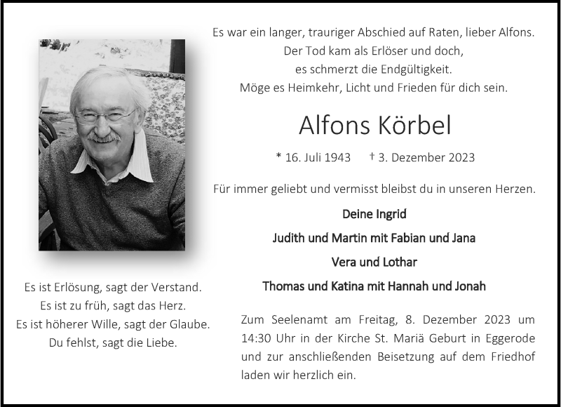  Traueranzeige für Alfons Körbel vom 06.12.2023 aus 