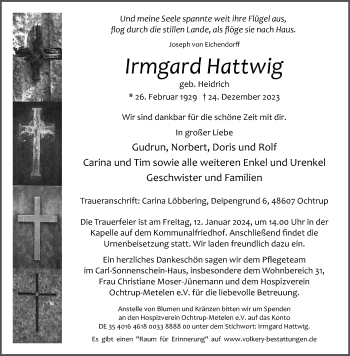 Anzeige von Irmgard Hattwig 