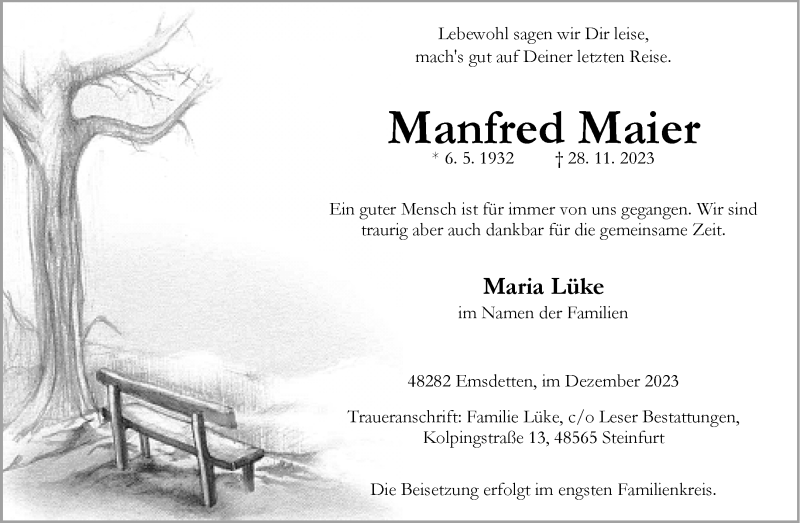  Traueranzeige für Manfred Maier vom 06.12.2023 aus 
