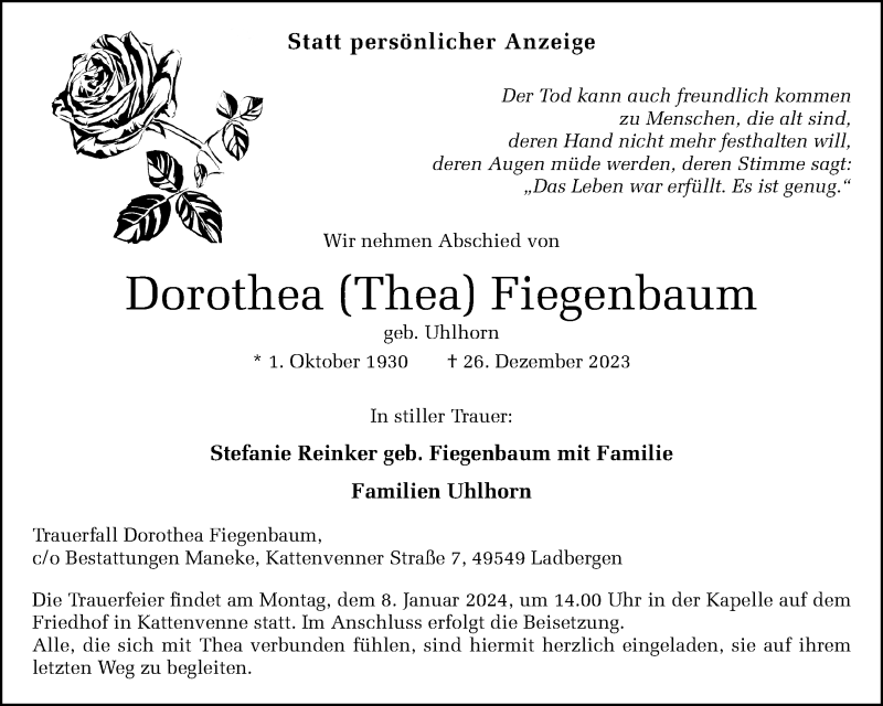  Traueranzeige für Dorothea Fiegenbaum vom 30.12.2023 aus 
