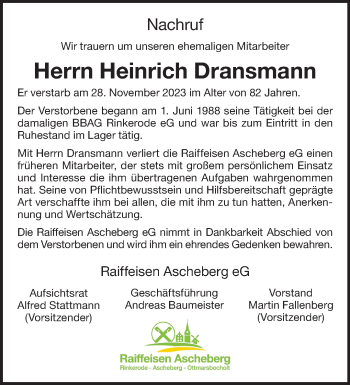 Anzeige von Heinrich Dransmann 