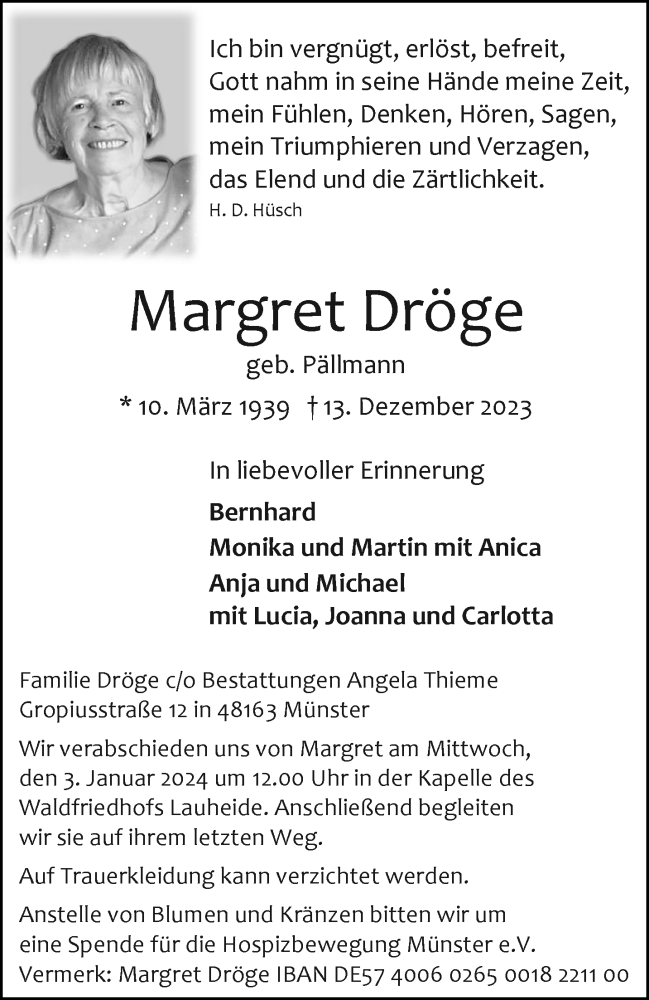  Traueranzeige für Margret Dröge vom 20.12.2023 aus 