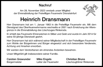 Anzeige von Heinrich Dransmann 