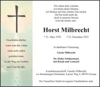 Anzeige von Horst Milbrecht 