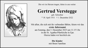 Anzeige von Gertrud Verstegge 