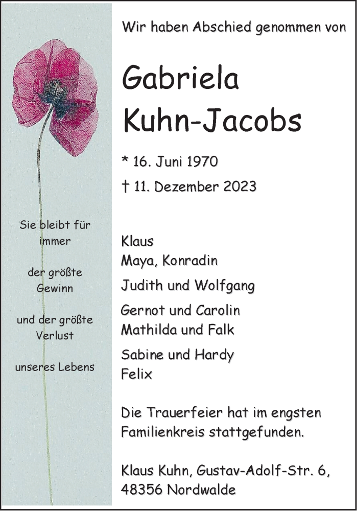  Traueranzeige für Gabriela Kuhn-Jacobs vom 18.12.2023 aus 