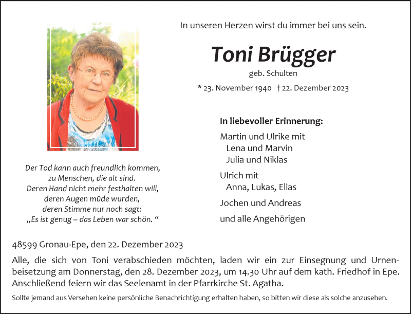  Traueranzeige für Toni Brügger vom 28.12.2023 aus 
