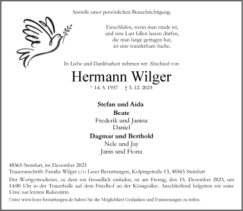 Anzeige von Hermann Wilger 