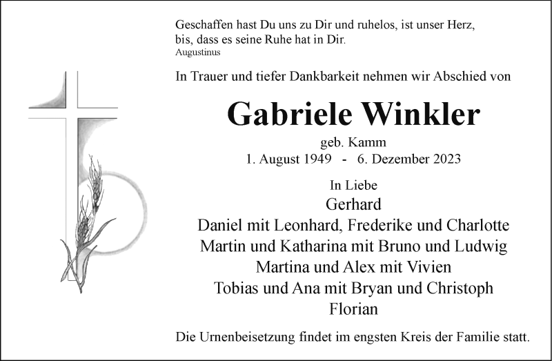  Traueranzeige für Gabriele Winkler vom 16.12.2023 aus 