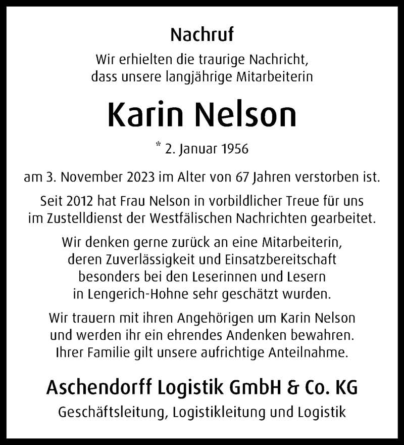  Traueranzeige für Karin Nelson vom 02.12.2023 aus 