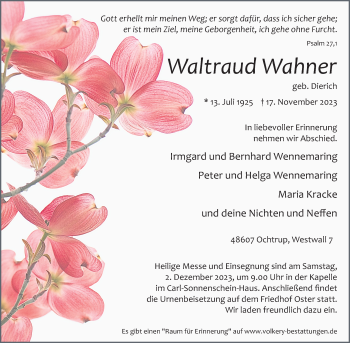 Anzeige von Waltraud Wahner 