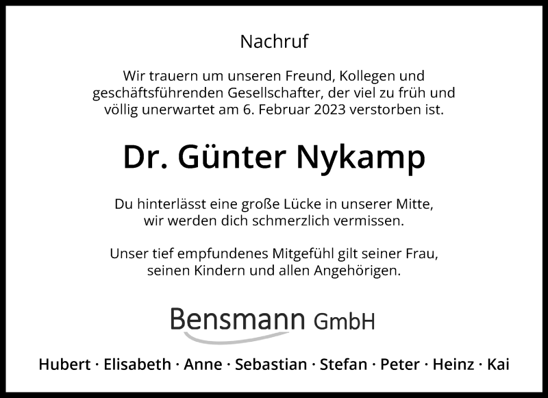  Traueranzeige für Dr. Günter Nykamp vom 25.02.2023 aus 