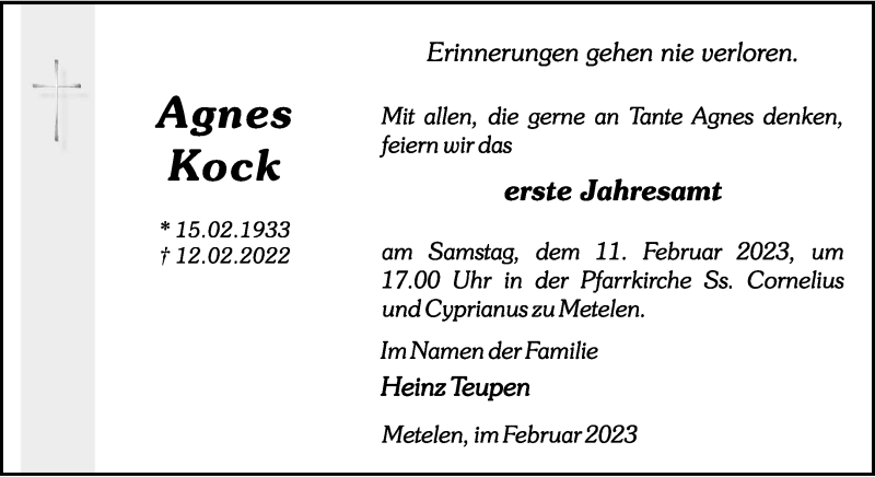  Traueranzeige für Agnes Kock vom 09.02.2023 aus 