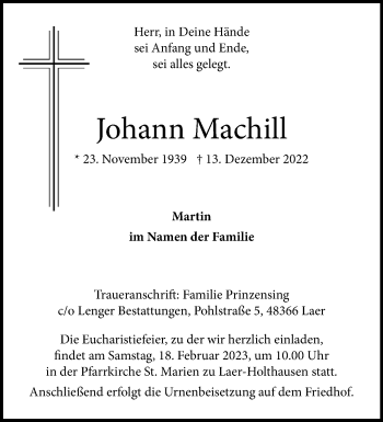 Anzeige von Johann Machill 
