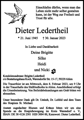Anzeige von Dieter Ledertheil 