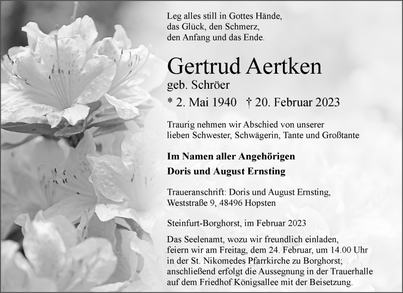  Traueranzeige für Gertrud Aertken vom 23.02.2023 aus 