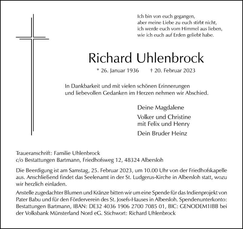  Traueranzeige für Richard Uhlenbrock vom 23.02.2023 aus 