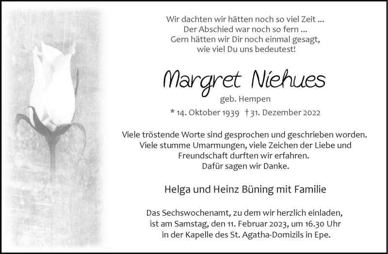  Traueranzeige für Margret Niehues vom 04.02.2023 aus 