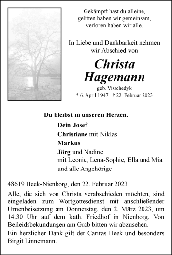 Anzeige von Christa Hagemann 