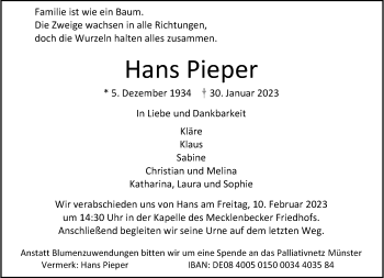 Anzeige von Hans Pieper 