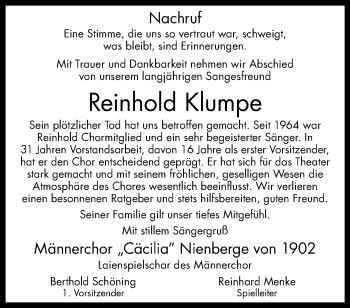 Anzeige von Reinhold Klumpe 
