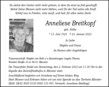 Anzeige von Anneliese Breitkopf 