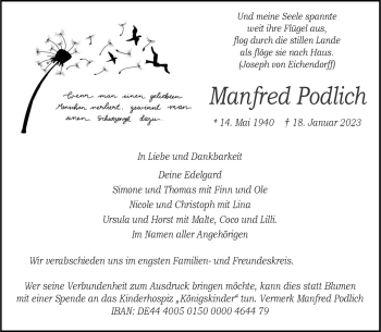 Anzeige von Manfred Podlich 
