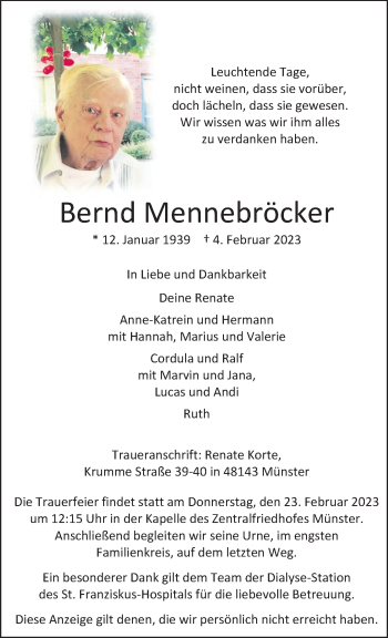 Anzeige von Bernd Mennebröcker 