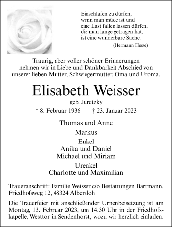 Anzeige von Elisabeth Weisser 