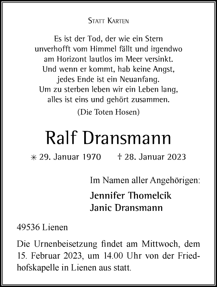  Traueranzeige für Ralf Dransmann vom 11.02.2023 aus 