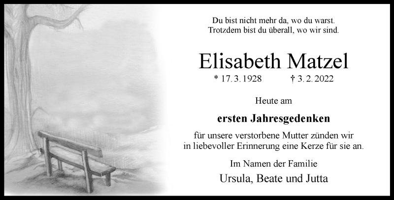  Traueranzeige für Elisabeth Matzel vom 03.02.2023 aus 