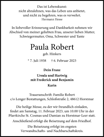 Anzeige von Paula Robert 